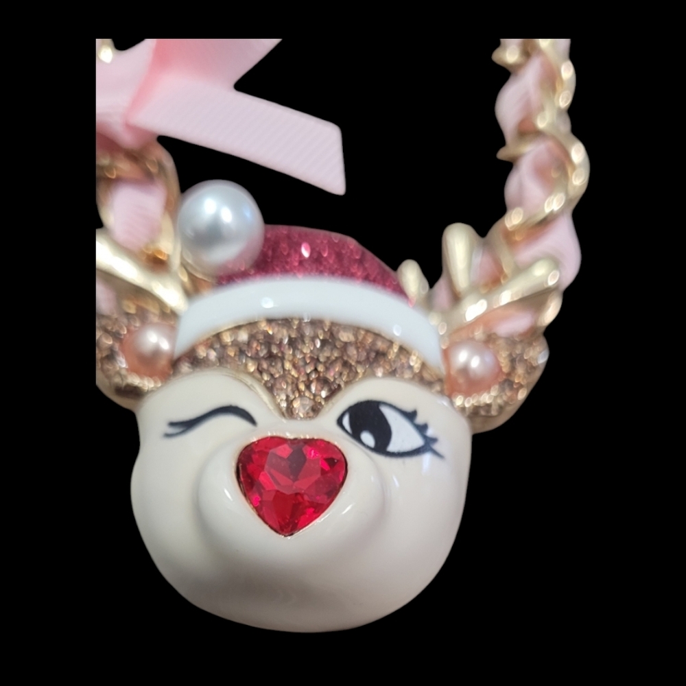 Betsey Johnson Faux Stone Jingle Bell Bling Christmas  Reindeer Necklace - Picture 5 of 9
